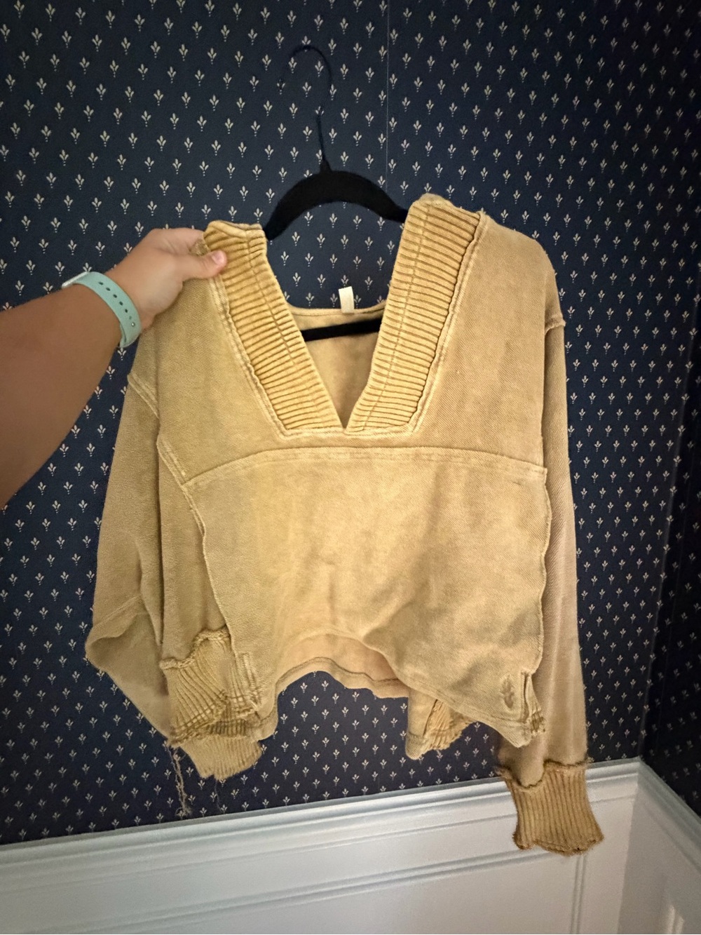 Free people oversized Women's V-Neck Distressed Knit Sweater in Camel
